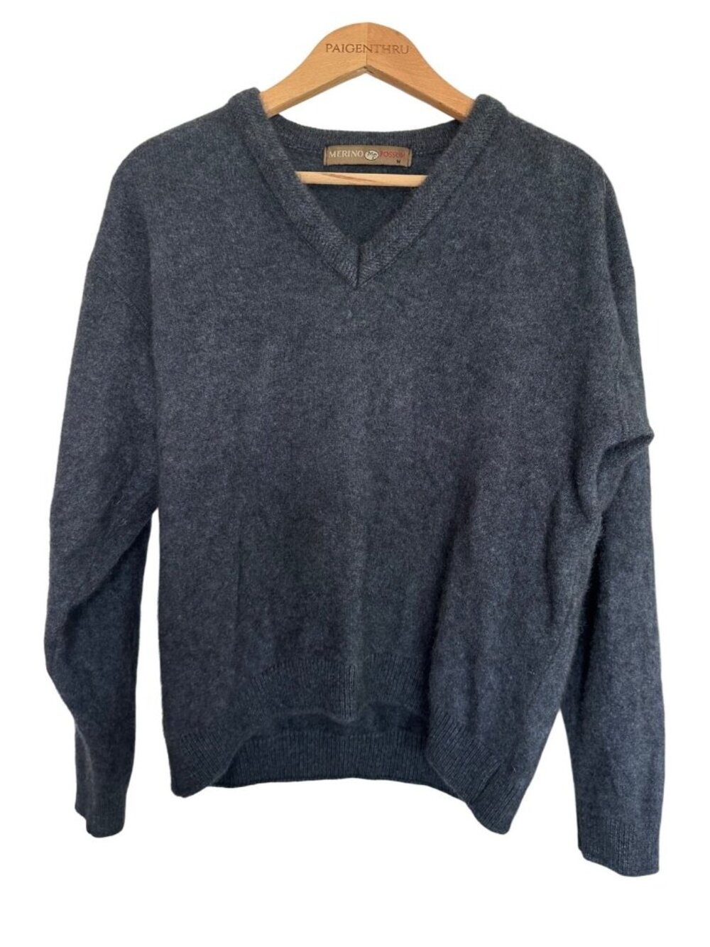 Merino Possum Men's M Blue Grey V-neck Wool Sweater Sustainable Timeless
